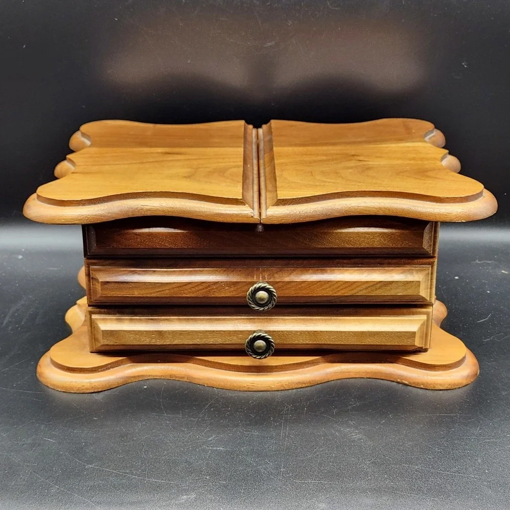 Vintage Wooden Jewelry Box Organizer Red Velvet Lined Drawers Storage